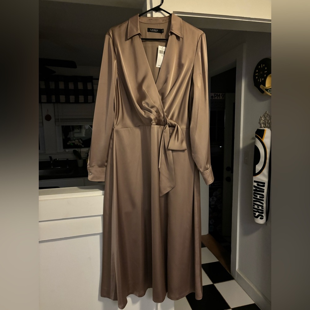 Tie-front Satin Midi Dress Lt Truffle - Picture 3 of 5
